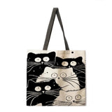 Black and white cat linen fabric casual tote bag foldable shopping bag reusable beach bag ladies shoulder bag
