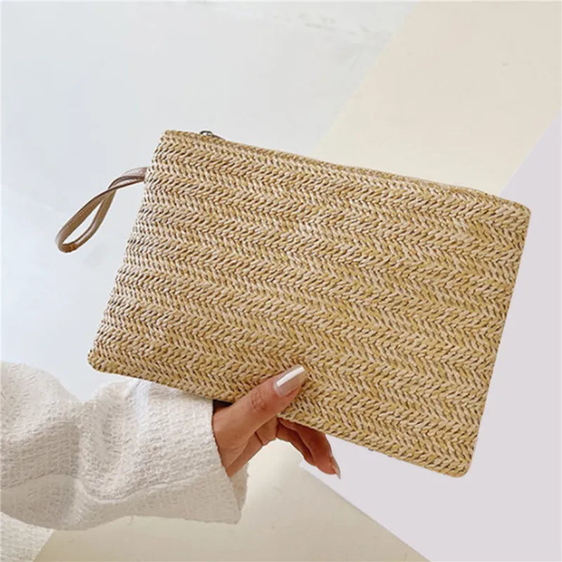 Weaving Bag Fashion Ladies Wristlet Clutch Women Daily Money Phone Clutch Solid Straw Woven Coin Purse Beach Wallet Card Holder