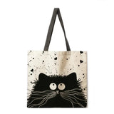 Black and white cat linen fabric casual tote bag foldable shopping bag reusable beach bag ladies shoulder bag