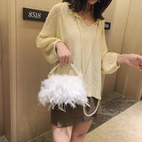 Women Feather Evening Purse with Pearl Strap Chain Clutch Handbag Tote Female Elegant Dinner Party Shoulder Crossbody Bag