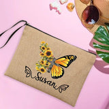 Custom Name Makeup Bag Personalised  Butterfly Travel Linen Clutch Bags Women's Beach Sunglasses Sunscreen Storage Pouches Gifts