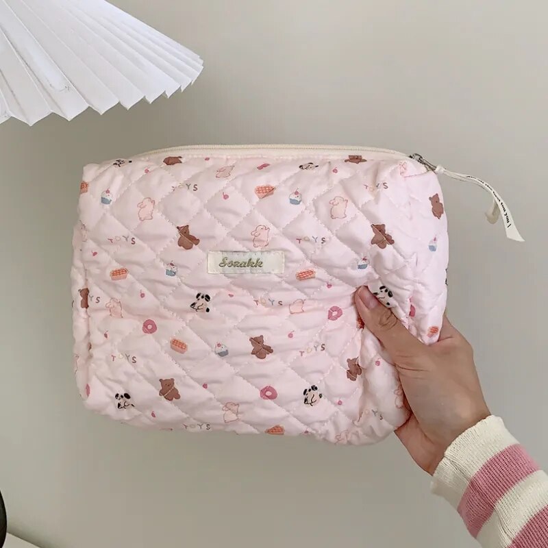 Cute Pink Women's Cosmetic Bag Make Up Case Quilting Cotton Travel Storage Bag Portable Wash Bag Clutch Purse Handbags Mommy Bag
