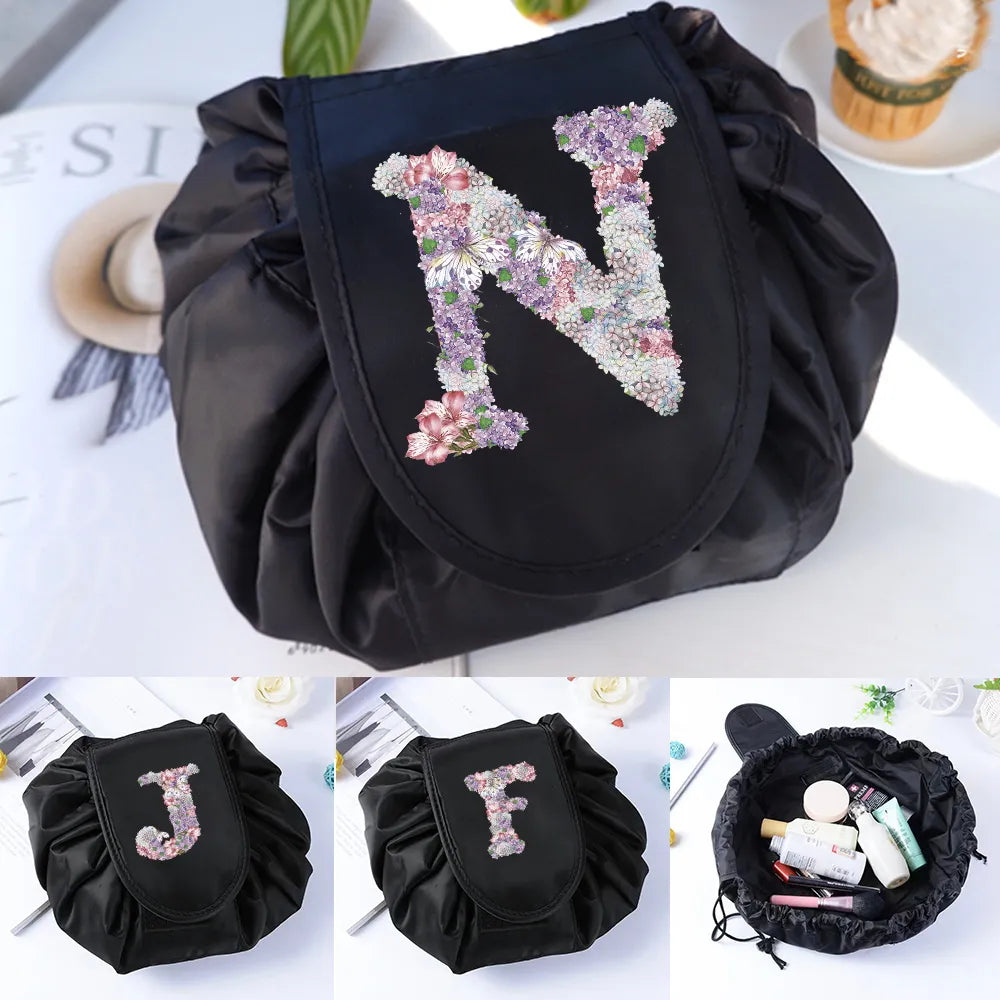 Women Drawstring Cosmetic Bag Organizer Travel Storage Shoulder Bag MakeUp Pouch Large Capacity Beauty Case Rose Flower Series
