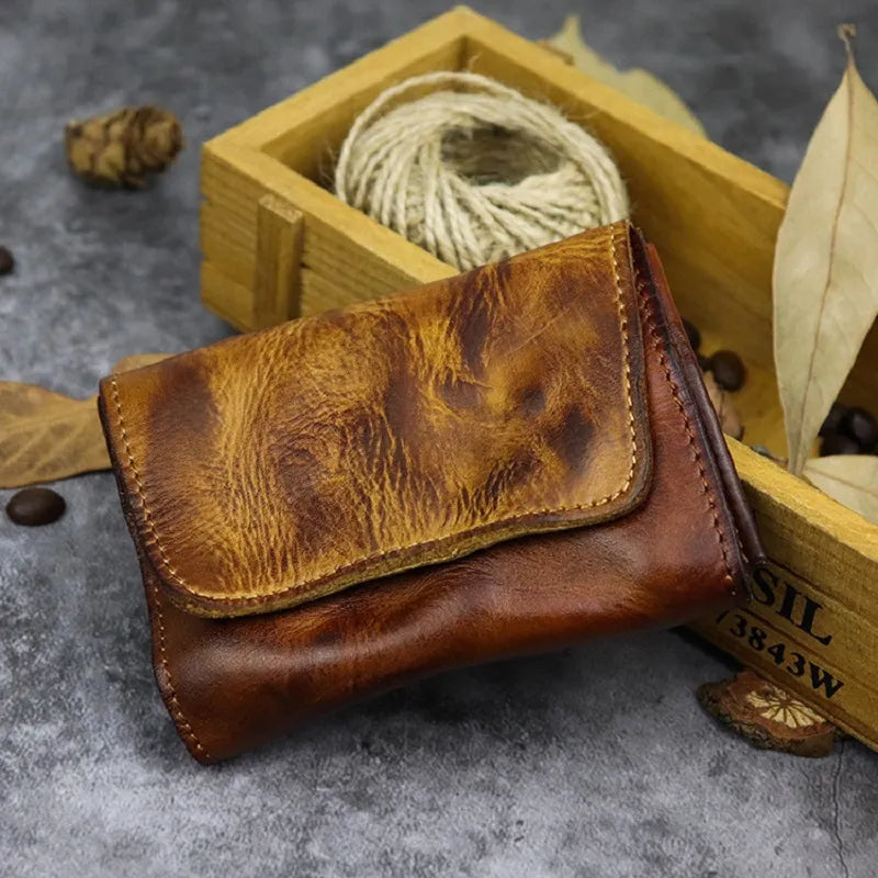 Genuine Leather Coin Purse for Men Women Vintage Handmade Short Credit Card Case Purse with Coin Pocket Small Slim Wallet Male