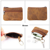 Retro Genuine Leather Coin Purse with Keychain for Men & Women Cowhide  Zipper Coin Wallet Vintage Key Holder