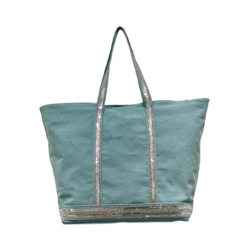 New Women Shoulder Bag Korean Version Canvas Rhinestone Large Capacity Tote Bag Contrast Color Retro Shoulder Bag Casual Handbag