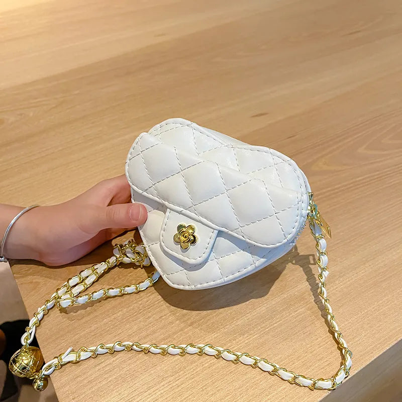 Quilted Plaid Children's Heart Shape Shoulder Bag Fashion Love Baby Girls Chain Messenger Bags Cute Princess Coin Purse Handbags