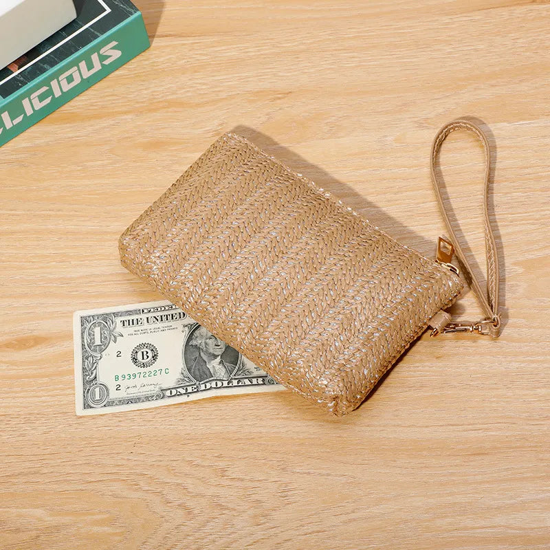 Fashion Ladies Weaving Bag Wristlet Clutch Women Daily Money Phone Clutch Straw Woven Coin Purse Beach Wallet Card Business Bag