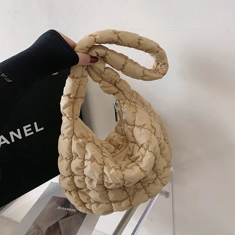 Casual Tote Shoulder Bags Designer Ruched Handbag Candy Color Women Hobo Bag Trend Armpit Bags Female Nylon Quilted Padded Bag