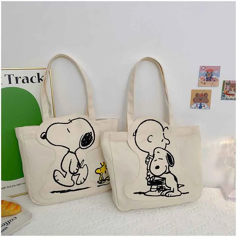 Snoopy Anime Figures Cute Canvas Shoulder Bag Cartoon Kawaii Large Capacity Storage Tote Bags Handbag Student Schoolbag
