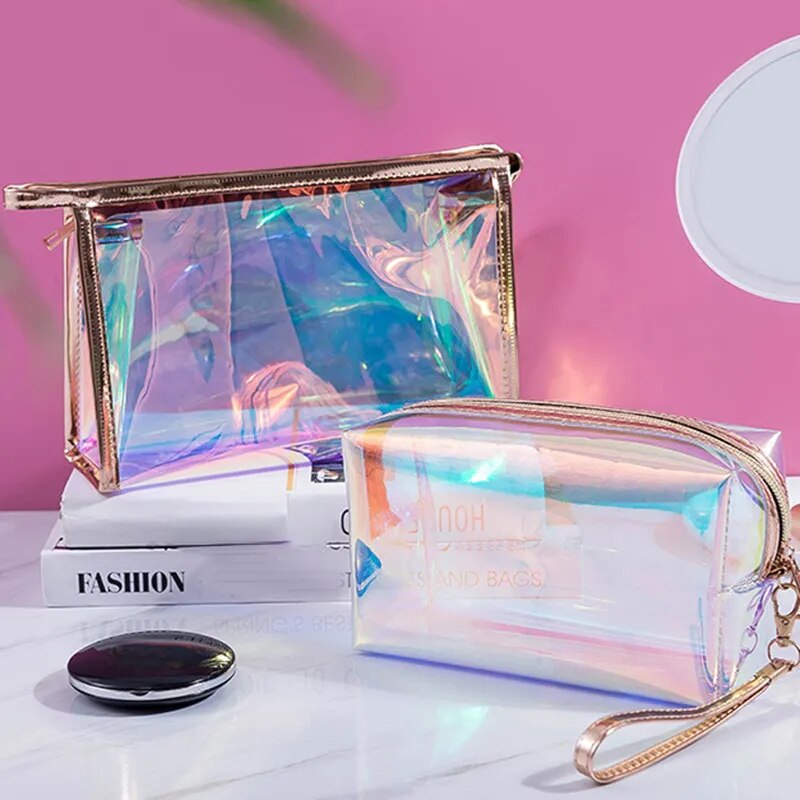 PVC Waterproof Transparent Cosmetic Bag Wash Toiletry Makeup Bag Organizer Female Girls Laser Color Zipper Make Up Beauty Case