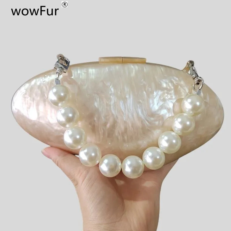 Brand Pearl White Nude Acrylic Bead Chain Handle Box Clutches Shell Women Shoulder Purse Wedding Dress Evening Handbag Wallets