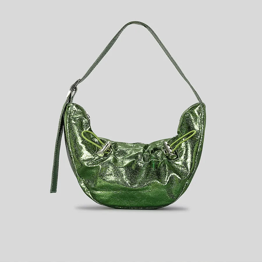 Fashion Metallic Half Moon Women Shoulder Bags Designer Drawsting Lady Handbags Vintage Hobos Small Tote Female Purses 2023 Bag
