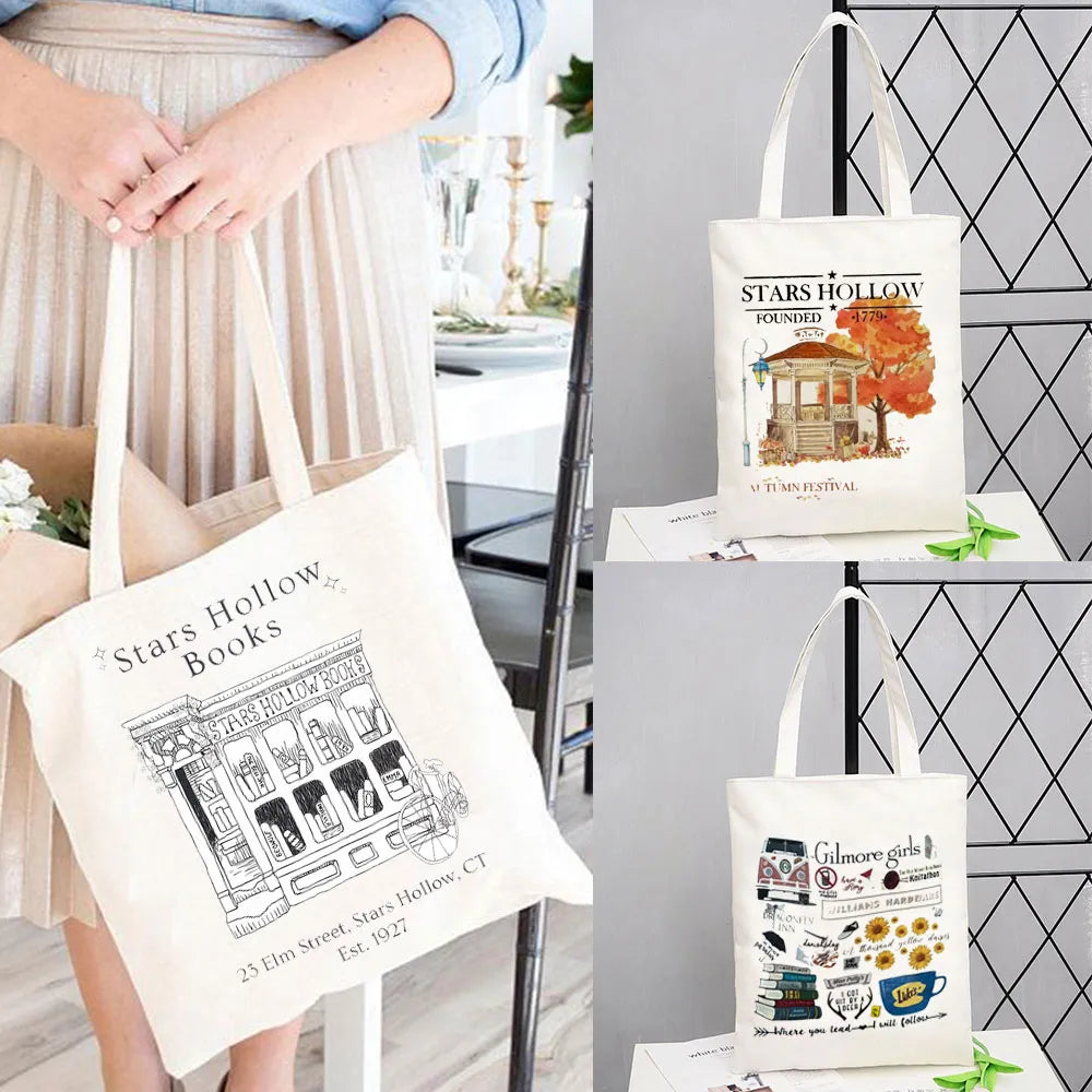 Stars Hollow Books Tote Bag T Womens Designer Tote Bags Linen Reusable Shopping Bag for Groceries Shoulder Bags for Lady Shopper