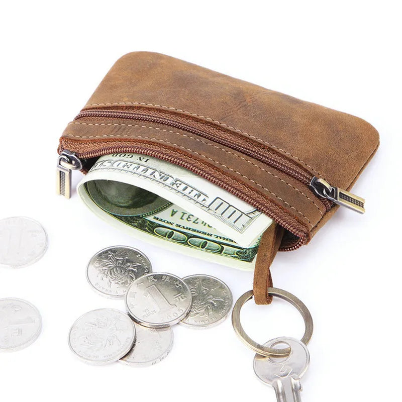 Retro Genuine Leather Coin Purse with Keychain for Men & Women Cowhide  Zipper Coin Wallet Vintage Key Holder