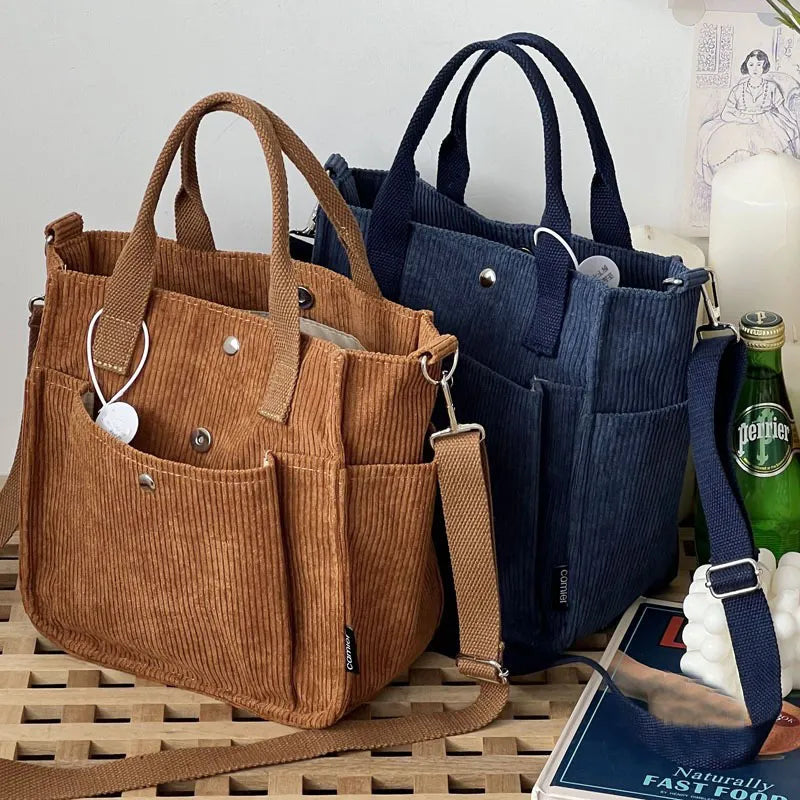 Large Capacity Solid Color Women's Corduroy Shoulder Bag 2023 Fashion Handbag Messenger Bags Casual Tote with Pockets Bento Bags
