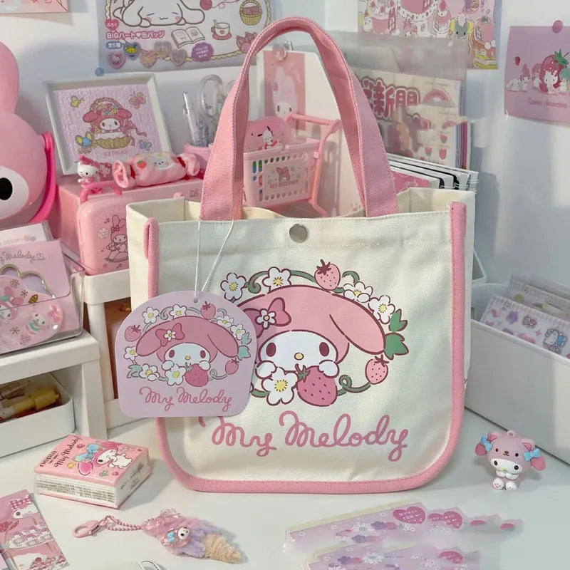 Sanrio Hello Kitty My Melody Backpack Mujer One Shoulder Hand Bag Lunch Bag Tote Bag Canvas Kawaii Large Capacity Storage Bag