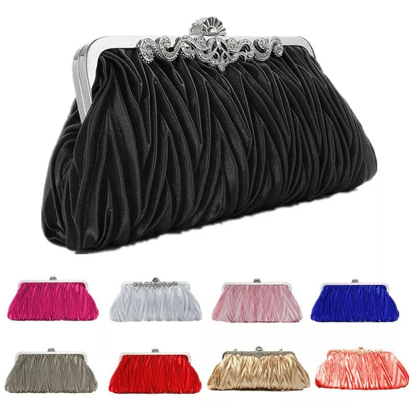 Women Lady Satin Crystal Bridal Handbag Clutch Party Wedding Purse Evening Bag