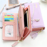 PU Leather Long Wallet Women Card Holder Purse Sweet Bow Cute Cat Pendant Tassel Ladies Clutch Phone Money Coin Bag Portemonnee