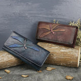 High Quality Genuine Leather Women Clutch Purse ID/Credit Card Cash Holder Dragonfly Pattern Retro Cowhide Money Long Wallets