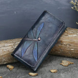 High Quality Genuine Leather Women Clutch Purse ID/Credit Card Cash Holder Dragonfly Pattern Retro Cowhide Money Long Wallets