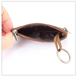 Retro Genuine Leather Coin Purse with Keychain for Men & Women Cowhide  Zipper Coin Wallet Vintage Key Holder