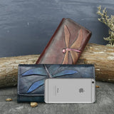 High Quality Genuine Leather Women Clutch Purse ID/Credit Card Cash Holder Dragonfly Pattern Retro Cowhide Money Long Wallets