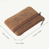 Retro Genuine Leather Coin Purse with Keychain for Men & Women Cowhide  Zipper Coin Wallet Vintage Key Holder