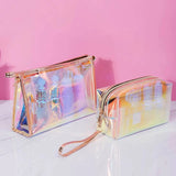 PVC Waterproof Transparent Cosmetic Bag Wash Toiletry Makeup Bag Organizer Female Girls Laser Color Zipper Make Up Beauty Case